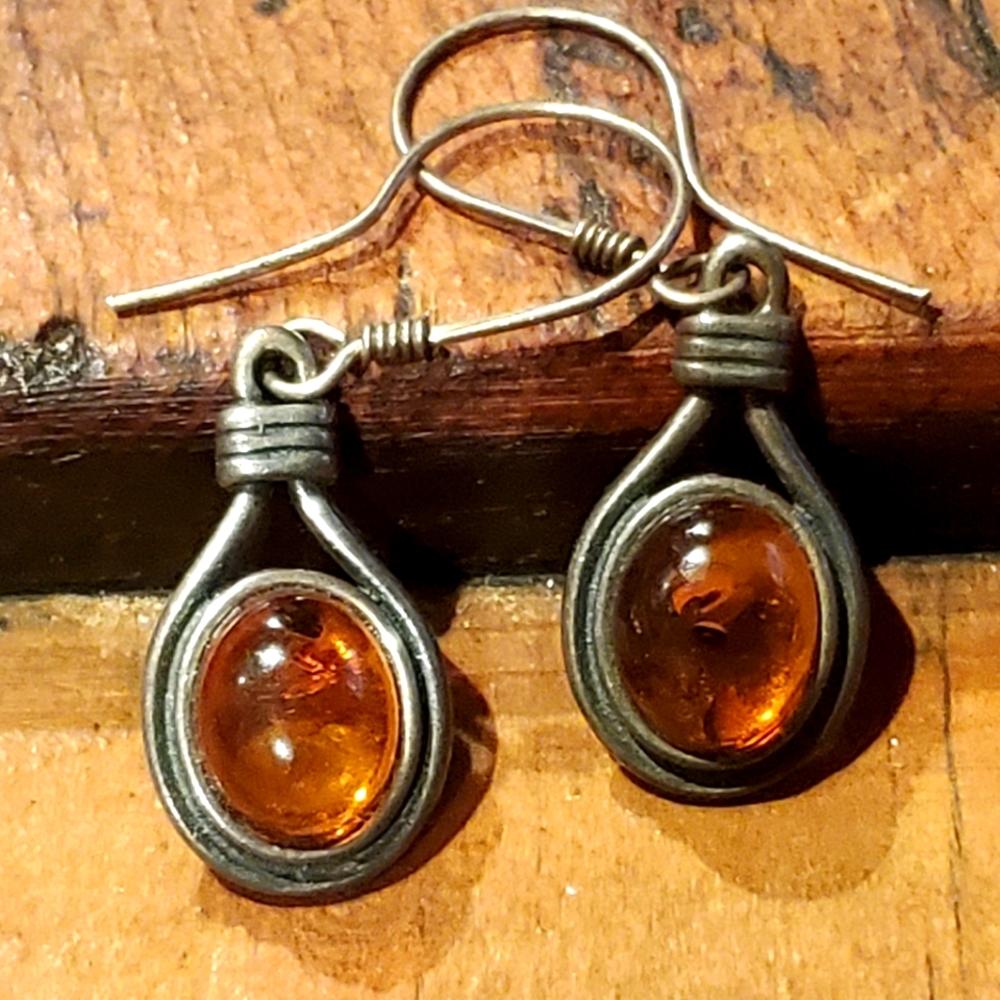 Sterling Silver Artisan Cabochon Amber Earrings AMAZING !!